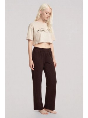 Marsilyan™-  Baskılı Crop T-Shirt Pantolon Takım Kum Kahve