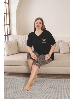 Asel Büyük Beden Likralı Penye Kumaş Kapri Pijama Takım