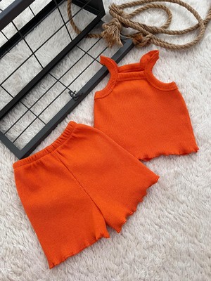 Bahnur Çocuk/bebek Turuncu Fitilli Crop Üst ve Şort Takımı - Yazlık Rahat Ikili Kombin