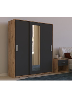 Metalia Gm 644 Sline 3 Kapılı Sürgülü Gardırop Modern Tasarım Ayna ve Atlantik Çam Renk