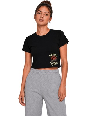 Organickid Basic Kadın Crop Baskılı Siyah T-Shirt