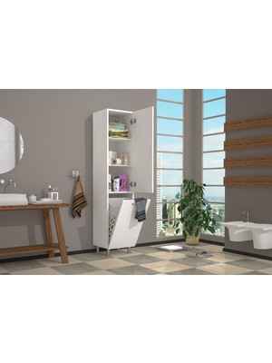 Kzy Beyaz Çamaşır Sepetli Çok Amaçlı Dolabı 160 cm Yükseklik 35 cm Genişlik 34 cm Derinlik
