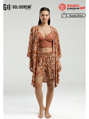 Arnetta Premium Seri Kadın Sabahlıklı İp Askılı Dantel Görünüm Büstiyerli Şortlu Kutulu Pijama Takım