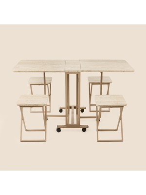 Just Home Verde 4 Tabureli Katlanır Masa Seti - Traverten / Altın - 129 cm
