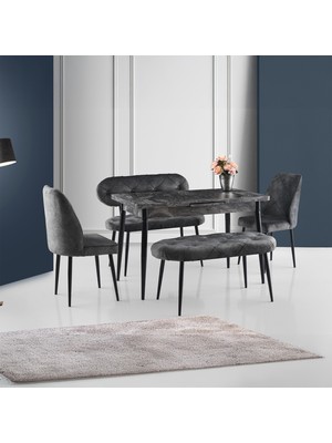 Just Home Espinho Mermer Görünümlü Banklı Açılır Masa Takımı - Antrasit / Siyah - 75X70X120 cm