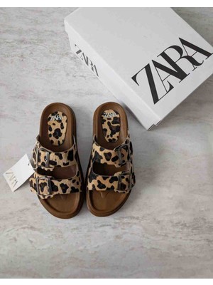 Evlium Zara Kadın Leopar Desenli Çift Tokalı Hakiki Deri Süet Terlik