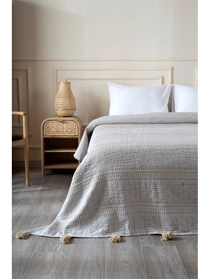 Koza Home Assos Bej Taş Yıkama Çift Kişilik Yatak Örtüsü 230x250 cm Desenli Tafta Kumaş ile Şık Tasarım