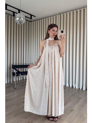 Sue Store Taş Rengi Puantiyeli Askılı Kuşaklı Viskon Elbise
