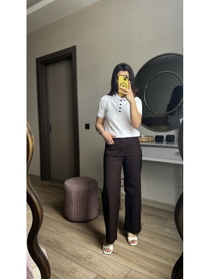 Büşra Ayhan Yüksek Bel Geniş Paça Jean Pantolon Kahverengi - 36