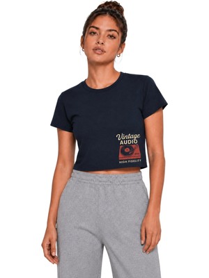 Organickid Basic Kadın Crop Baskılı Lacivert T-Shirt