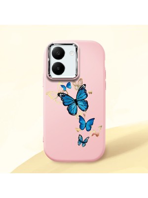 HONTINGA Vivo Y36 ile Uyumlu Kılıf Kamera Korumalı Düşüme Önleyici Kamera Koruyucu Pembe Yumuşak Silikon Couple Telefon Kılıfı Kelebek Desenli K4-0383
