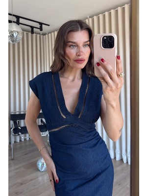 Sue Store Lacivert File Detaylı Yırtmaçlı Denim Elbise