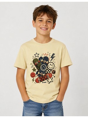 Organickid Basic Çocuk Oversize Baskılı Bej T-Shirt