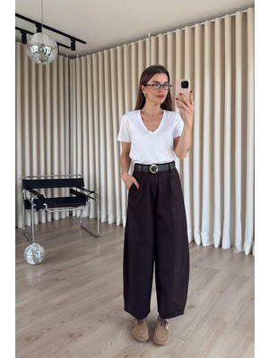 Sue Store Acı Kahve Yüksek Bel Kemerli Bogy Pantolon