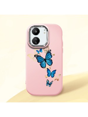 HONTINGA Redmi 13C ile Uyumlu Kılıf Kamera Korumalı Düşüme Önleyici Kamera Koruyucu Pembe Yumuşak Silikon Couple Telefon Kılıfı Kelebek Desenli K4-0383