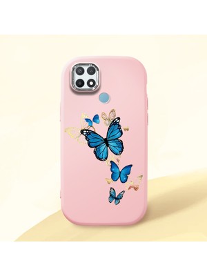 HONTINGA Oppo A15 ile Uyumlu Kılıf Kamera Korumalı Düşüme Önleyici Kamera Koruyucu Pembe Yumuşak Silikon Couple Telefon Kılıfı Kelebek Desenli K4-0383