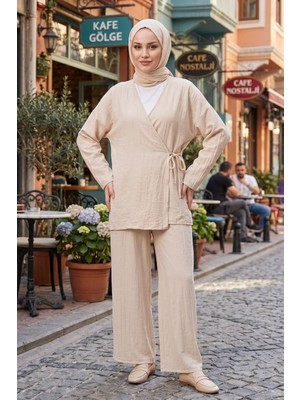 Modestim Kadın Taş Yandan Bağlamalı Çilek Kumaş Kimono Tunik Pantolon Takım Kombinpi