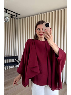 Sue Store Bordo Asimetrik Kesim Şallı Oversize Premium Bluz