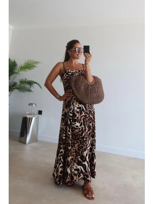Purple By Banu Kahverengi Leopar Desen Maxi Elbise