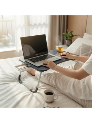 Oxy Gri Çekmeceli Katlanır Laptop Sehpası Klasik Tasarım 26 x 40 x 60 cm Dayanıklı Yapı