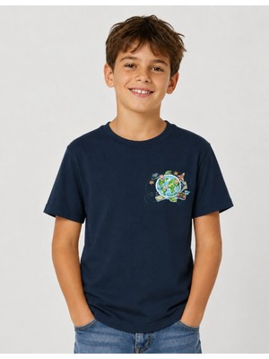 Organickid Basic Çocuk Oversize Baskılı Lacivert T-Shirt