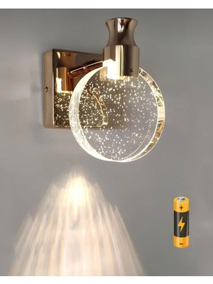 Burenze Modern Luxury Kristal Taşlı Pilli Aplik Aç Kapa Buton French Gold Sarı Gün Işığı Ledli Aplik