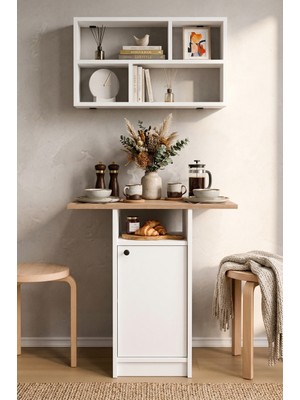 Yurudesign Nord Mutfak Masası Yemek Masası Dolaplı Raflı Sepet-Beyaz ND17-SW