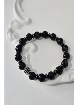 c-bhadu naturel 8 mm Zirkon Talı, Hematit, Gold Obsidyen Doğaltaş Bileklik