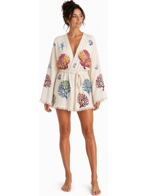 Mulberry Sedna Kadın Ekru Müslin Kimono Bornoz – Kuşaklı, Püskül Detaylı, Oversize Rahat Kesim Plaj & Ev Giyim