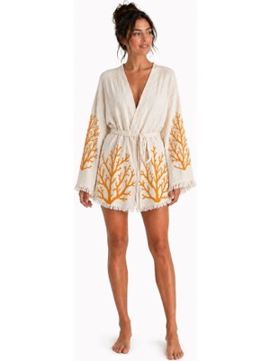Mulberry Sedna Kadın Ekru Müslin Kimono Bornoz – Kuşaklı, Püskül Detaylı, Oversize Rahat Kesim Plaj & Ev Giyim