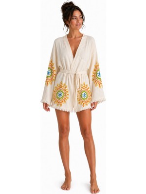 Mulberry Sedna Kadın Ekru Müslin Kimono Bornoz – Kuşaklı, Püskül Detaylı, Oversize Rahat Kesim Plaj & Ev Giyim