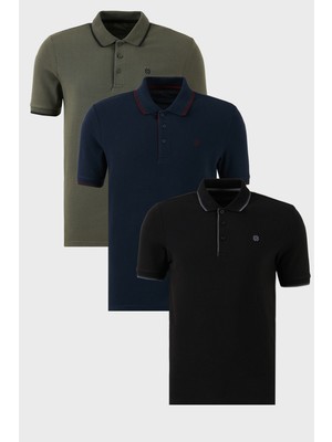 Buratti Pamuklu Slim Fit Şerit Detaylı Düğmeli Polo Yaka 3'lü Paket T Shirt Erkek T Shirt 5902118S3