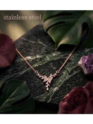 Stainless Steel Zirkon Taşlı Kelebek Tasarım Rose-Gold Kararmaz Çelik Kolye