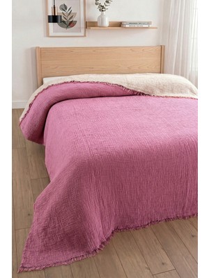 Sevim 4 Kat Müslin Yatak Örtüsü - %100 Pamuk, Battal Boy, Çift Taraflı Müslin Pike - 240X260 cm - Fuşya