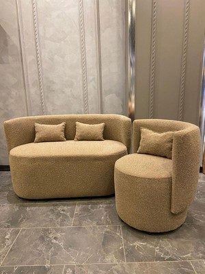 Hoom Concept Teddy Kumaşlı 2'li Koltuk Takımı + Berjer Seti Kahverengi Konforlu Tasarım