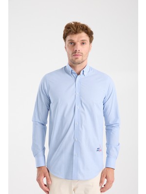 Aclub AC10073 Poplin Pamuklu Slim Fit Açık Mavi Düğmeli Yaka Erkek Kareli Gömlek