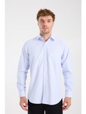 Aclub AC10075 Poplin Pamuk Karışımlı Regular Fit Açık Mavi Klasik Yaka Erkek Çizgili Gömlek