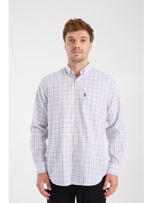 Aclub AC10077 Oxford Pamuk Karışımlı Regular Fit Sarı Düğmeli Yaka Erkek Kareli Gömlek
