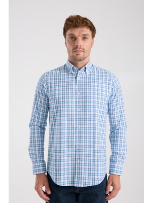 Aclub AC10083 Oxford Pamuk Karışımlı Slim Fit Turkuaz Düğmeli Yaka Erkek Kareli Gömlek