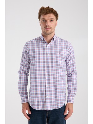 Aclub AC10083 Oxford Pamuk Karışımlı Slim Fit Kırmızı Düğmeli Yaka Erkek Kareli Gömlek