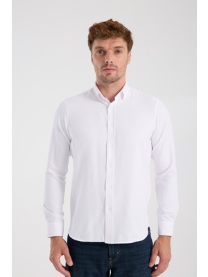 Aclub AC10093 Oxford Pamuklu Slim Fit Beyaz Düğmeli Yaka Erkek Düz Gömlek