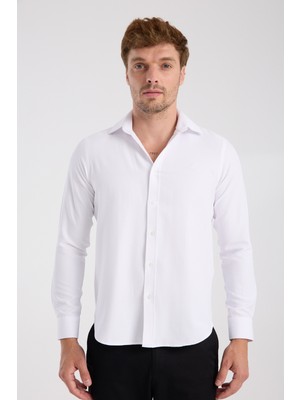 Aclub AC10078 Twill Pamuklu Slim Fit Beyaz Klasik Yaka Erkek Desenli Gömlek