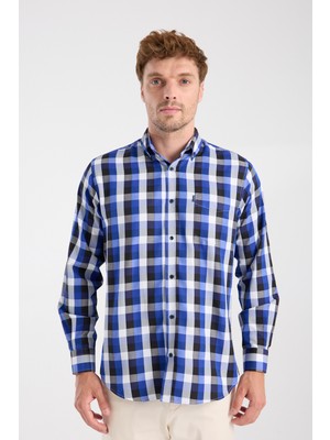 Aclub AC10100 Twill Pamuk Karışımlı Regular Fit Lacivert Düğmeli Yaka Erkek Kareli Gömlek