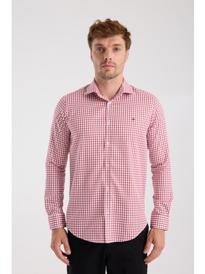 Aclub AC10072 Twill Pamuklu Slim Fit Kırmızı Klasik Yaka Erkek Kareli Gömlek