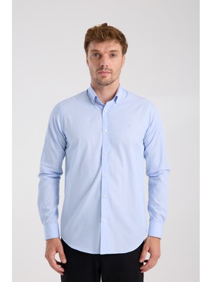 Aclub AC10079 Poplin Pamuklu Slim Fit Açık Mavi Düğmeli Yaka Erkek Düz Gömlek