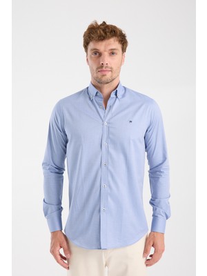 Aclub AC10104 Twill Pamuklu Slim Fit Koyu Mavi Düğmeli Yaka Erkek Düz Gömlek