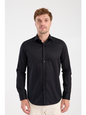 Aclub AC10106 Saten Pamuklu Slim Fit Siyah Klasik Yaka Erkek Düz Gömlek