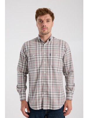 Aclub AC10094 Flanel Pamuk Karışımlı Regular Fit Gri Düğmeli Yaka Erkek Kareli Gömlek