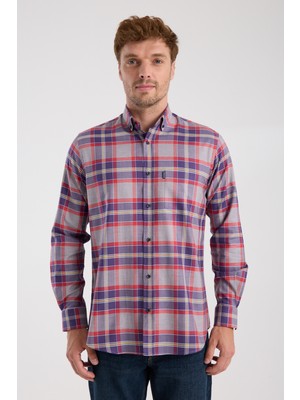 Aclub AC10098 Twill Pamuklu Regular Fit Gri Düğmeli Yaka Erkek Kareli Gömlek