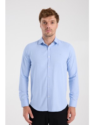 Aclub AC10112 Oxford Pamuklu Slim Fit Mavi Düğmeli Yaka Erkek Düz Gömlek
